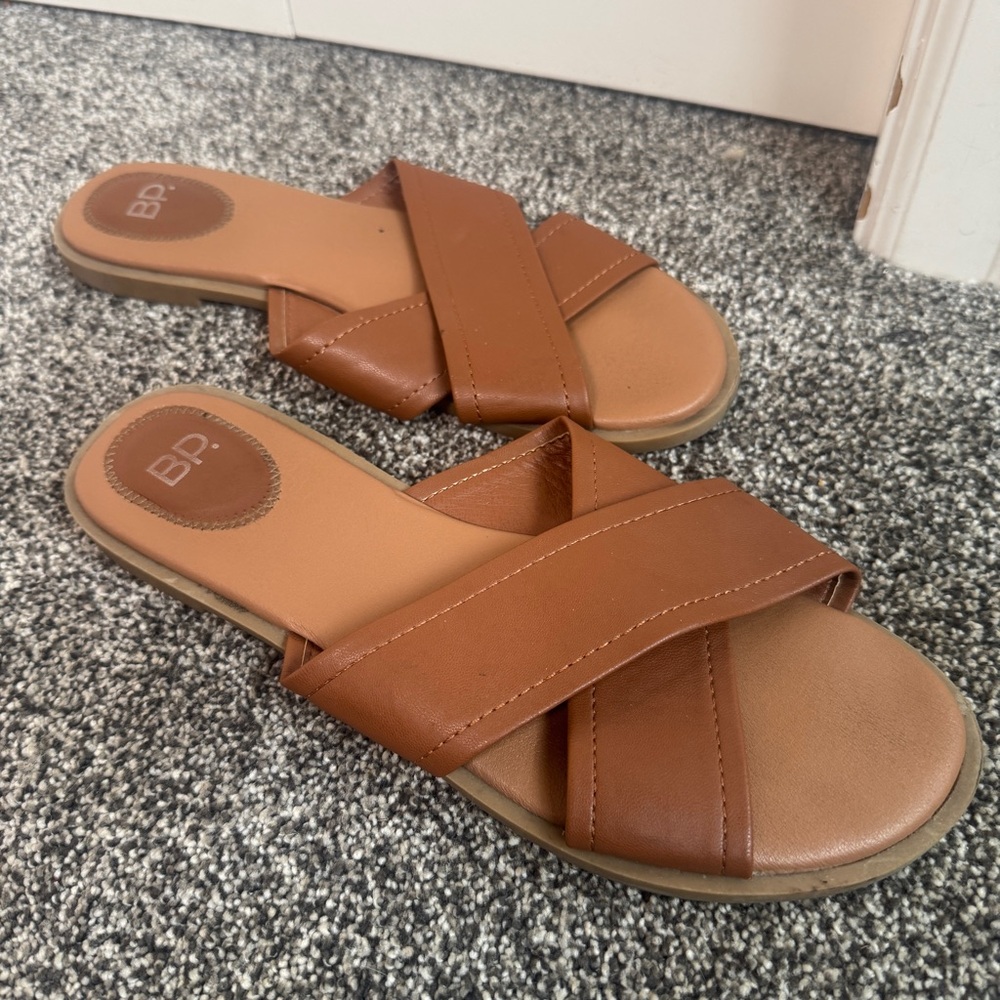 BP Brown Slip On Flat Sandal Comfortable Faux Leather Size 9.5
